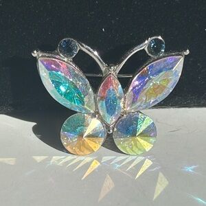 Iridescent Butterfly Brooch Crystals Silver-Tone